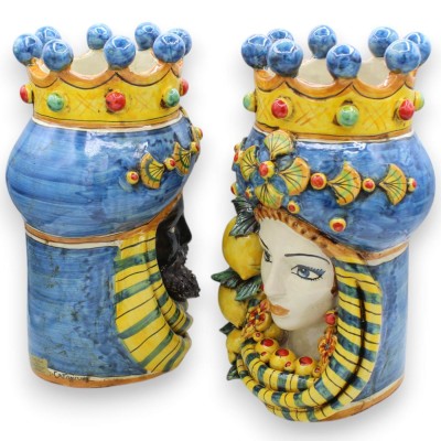 Cabeças de mourisco da Sicília (par) com aproximadamente 32 cm de altura. Coroa, Turbante e Aplicações, Cerâmica Caltagi