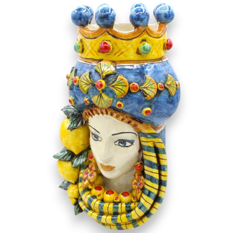 Teste di Moro Siciliane (coppia) h 32 cm ca. Corona, Turbante e Applicazioni, ceramica Caltagirone, Fondo Blu - 