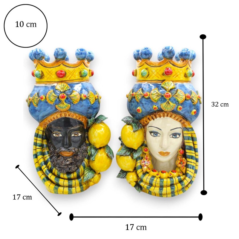 Teste di Moro Siciliane (coppia) h 32 cm ca. Corona, Turbante e Applicazioni, ceramica Caltagirone, Fondo Blu - 