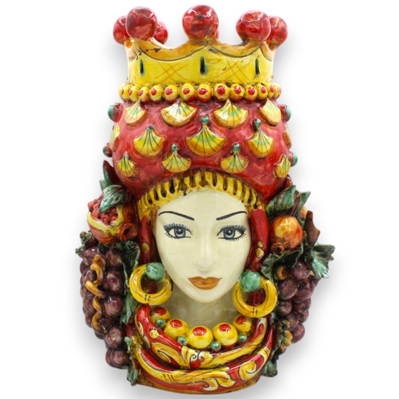 Cabeza de Jano Bifrons con dos caras, de aprox. 32 cm de altura. Cerámica de Caltagirone, Corona, Uvas, Granada y aplica