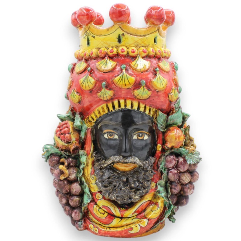 Cabeza de Jano Bifrons con dos caras, de aprox. 32 cm de altura. Cerámica de Caltagirone, Corona, Uvas, Granada y aplica