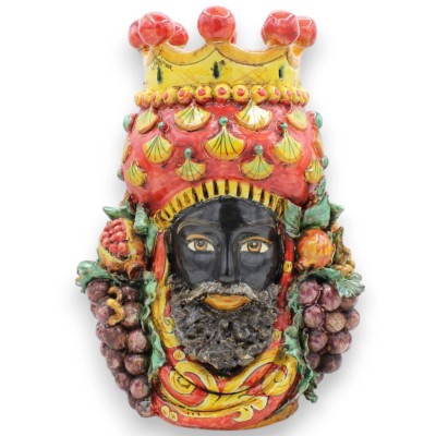 Cabeza de Jano Bifrons con dos caras, de aprox. 32 cm de altura. Cerámica de Caltagirone, Corona, Uvas, Granada y aplica