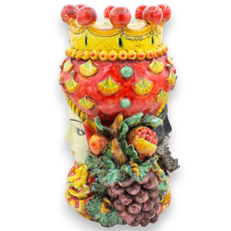 Cabeza de Jano Bifrons con dos caras, de aprox. 32 cm de altura. Cerámica de Caltagirone, Corona, Uvas, Granada y aplica