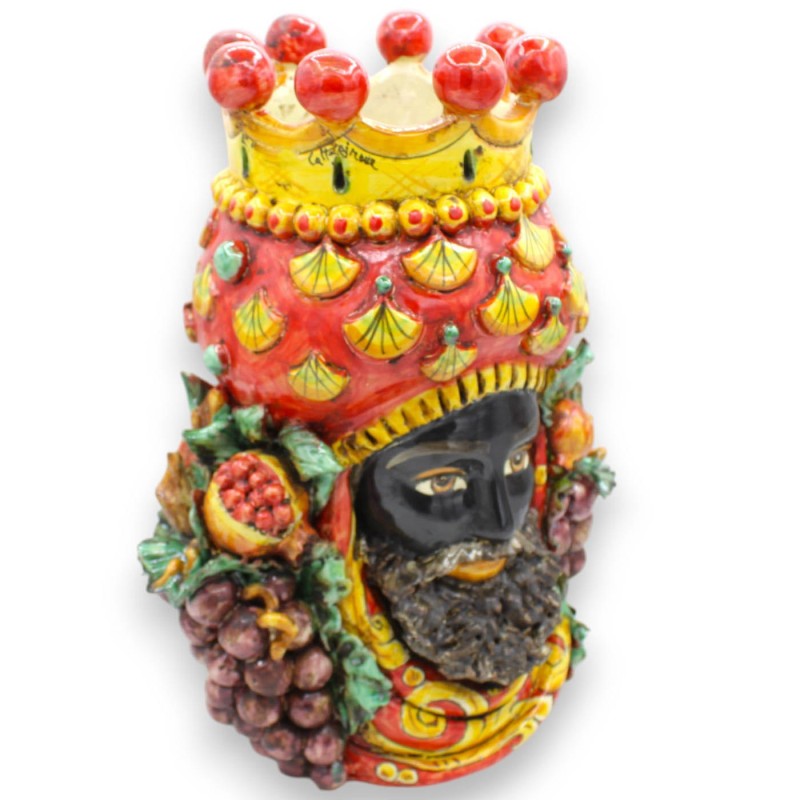 Cabeza de Jano Bifrons con dos caras, de aprox. 32 cm de altura. Cerámica de Caltagirone, Corona, Uvas, Granada y aplica