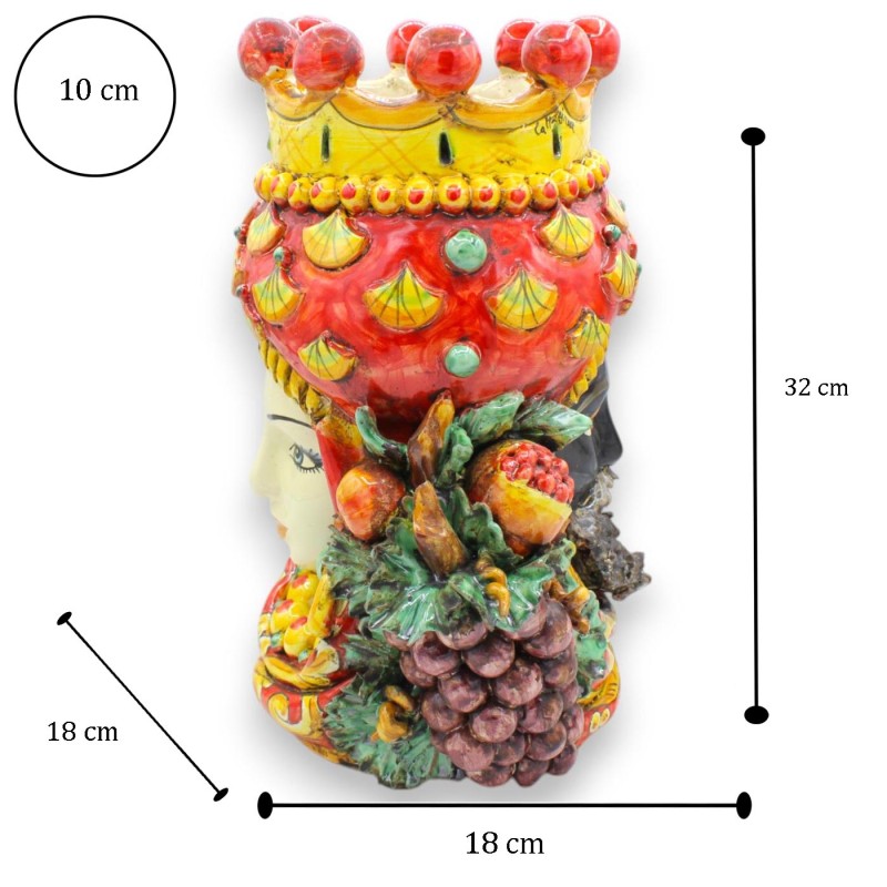 Cabeza de Jano Bifrons con dos caras, de aprox. 32 cm de altura. Cerámica de Caltagirone, Corona, Uvas, Granada y aplica