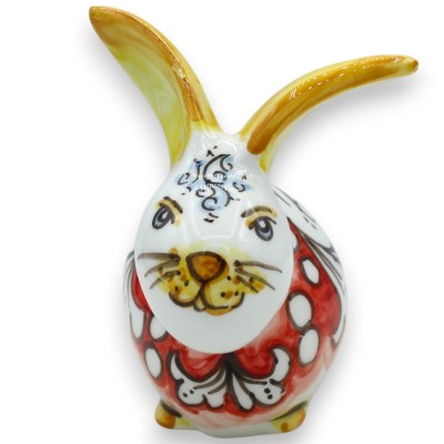 Sittande kanin i Caltagirone keramik h 13 x 12 cm ca. Röd bakgrund vit barock dekoration - 