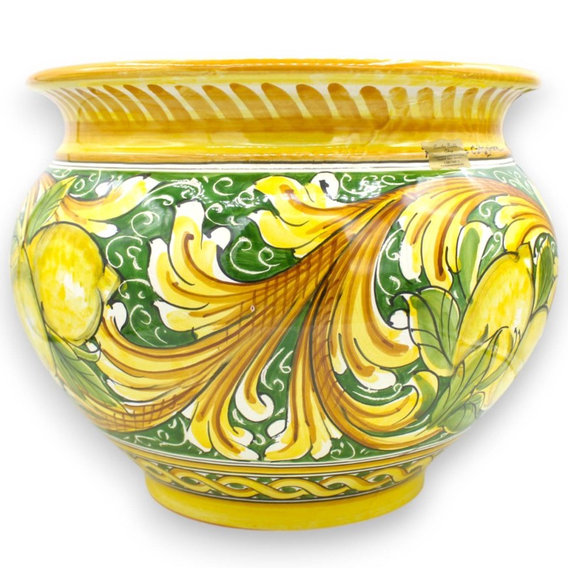 Cachepot Plant Pot, Caltagirone Ceramic, Baroque and Lemons Decoration, Green Background - 5 Size Options (1pc) - 