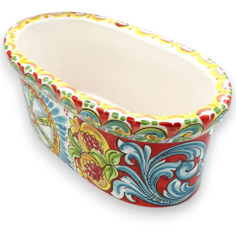 Ovale Vasenbox, Caltagirone-Keramik, L ca. 40 x 22 x 17 cm. Barockdekor, Granatäpfel und sizilianisches Wagenrad MD2 - 
