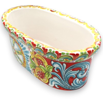 Caja jarrón ovalada, cerámica de Caltagirone, L 40 x 22 x 17 cm aprox. Decoración barroca, granadas y rueda de carreta s