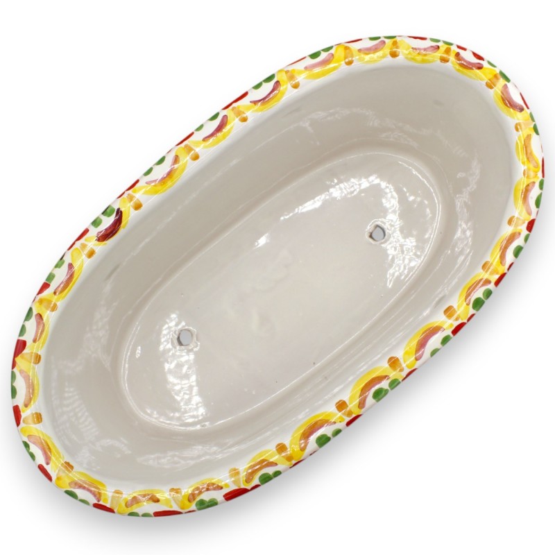 Oval vaslåda, Caltagirone keramik, L 40 x 22 x 17 cm ca. barockdekor, granatäpplen och siciliansk vagnhjul MD2 - 
