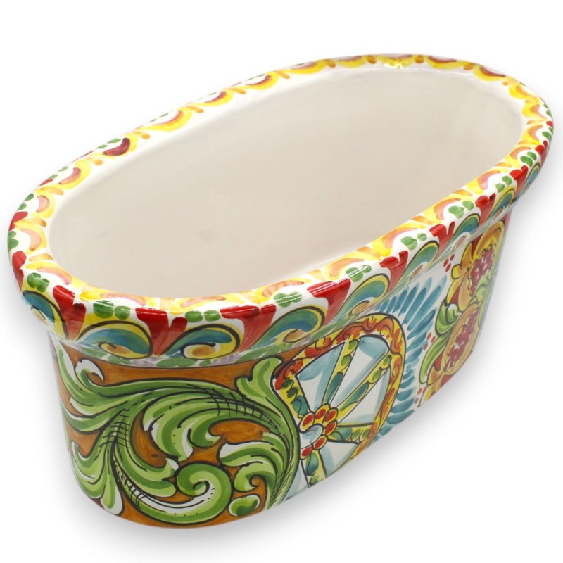 Caja jarrón ovalada, cerámica de Caltagirone, L 40 x 22 x 17 cm aprox. Decoración barroca, granadas y rueda de carreta s