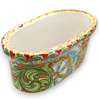 Caja jarrón ovalada, cerámica de Caltagirone, L 40 x 22 x 17 cm aprox. Decoración barroca, granadas y rueda de carreta s