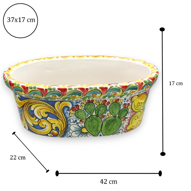 Pudełko na wazon owalne, ceramika Caltagirone, dł. 40 x 22 x 17 cm ok. dekoracja barokowa, granaty i koło wozu sycylijsk