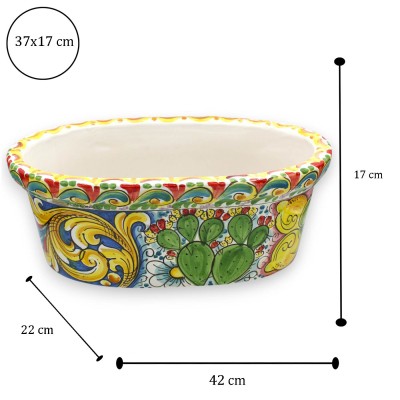 Caixa vaso oval, cerâmica Caltagirone, C 40 x 22 x 17 cm aprox. decoração barroca, romãs e roda de carroça siciliana MD2