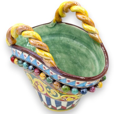 Siciliansk korg i Caltagirone keramik, h 22 x 26 cm ca. pärlemor emalj, siciliansk vagnhjul dekoration MD2 - 
