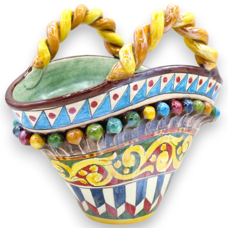 Panier sicilien en céramique de Caltagirone, h 22 x 26 cm environ. émail nacre, décor roue de charrette sicilienne MD2 -