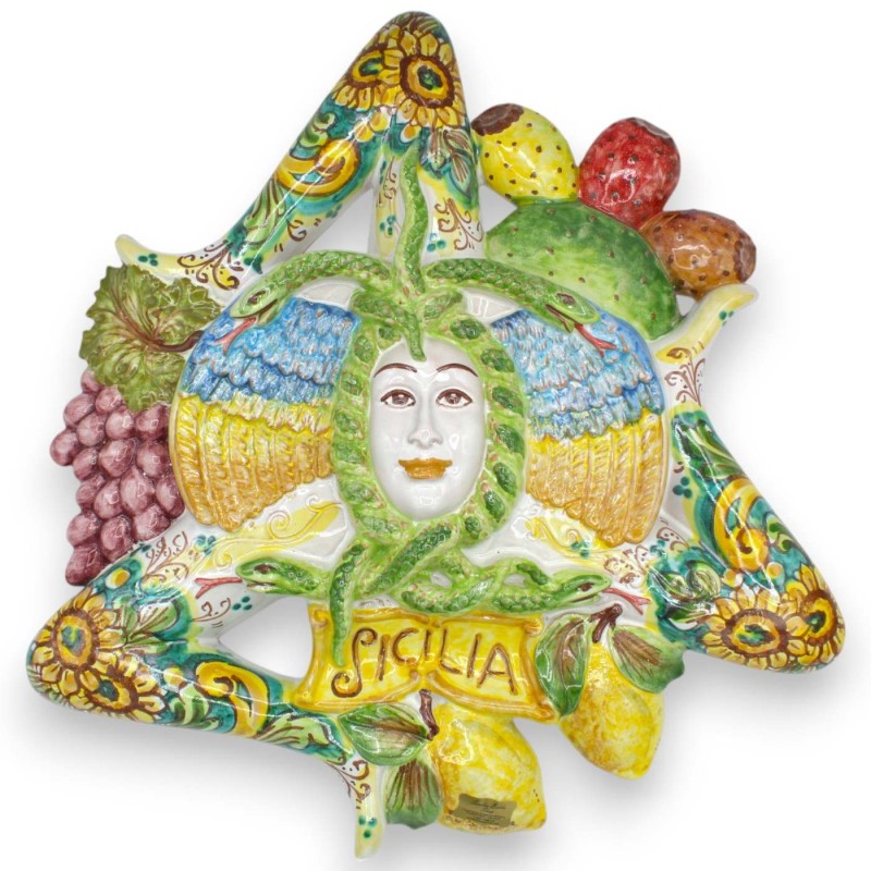 Trinacria in ceramica Caltagirone h 48 x 48 cm ca. Decoro Frutta Mista e Girasole - 