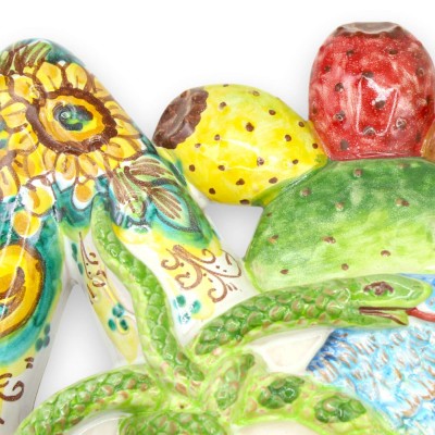 Trinacria in ceramica Caltagirone h 48 x 48 cm ca. Decoro Frutta Mista e Girasole - 