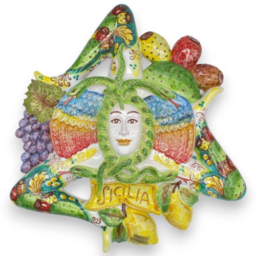 Trinacria in ceramica Caltagirone h 48 x 48 cm ca. Decoro Frutta Mista e Pala Ficodindia - 