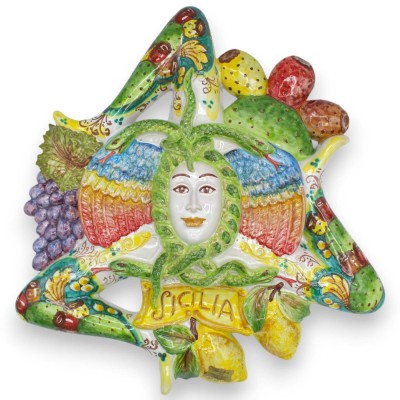 Caltagirone ceramic Trinacria h 48 x 48 cm approx. Mixed Fruit and Prickly Pear decoration - 