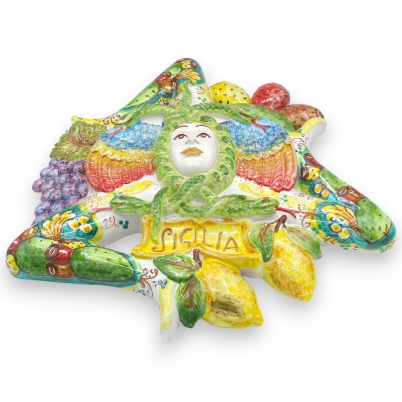 Caltagirone céramique Trinacria h 48 x 48 cm environ. Décoration de fruits mélangés et pelle à figues de Barbarie - 