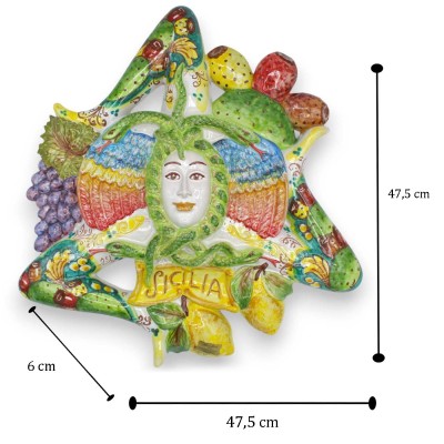 Caltagirone ceramic Trinacria h 48 x 48 cm approx. Mixed Fruit and Prickly Pear decoration - 