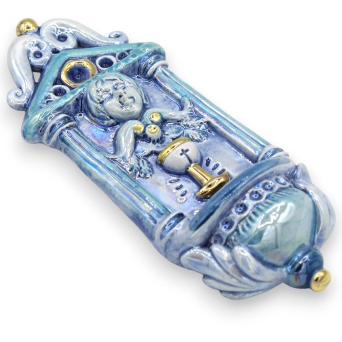 Bénitier de style classique avec visage d'ange, céramique de Caltagirone, env. h 20 x 9 cm. Or 24 carats et émail nacre  2