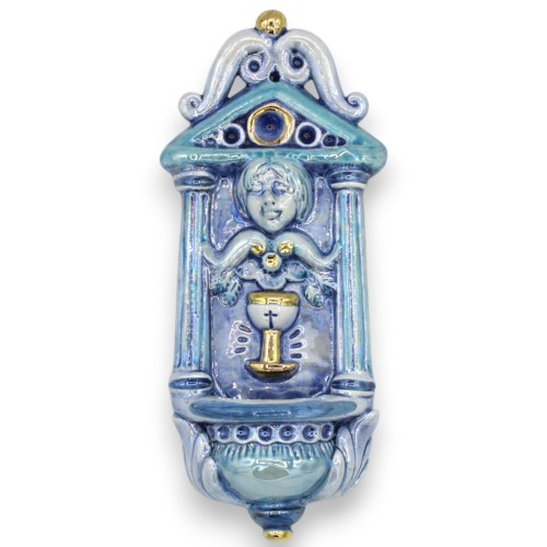 Klassiek wijwatervat met engelengezicht, keramiek van Caltagirone, ca. Hoogte 20 x 9 cm. 24k goud en parelmoer emaille -
