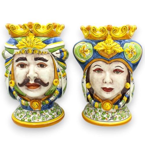 Têtes de Maures siciliens (paire) env. 28 cm de hauteur. Caltagirone, Turban et Couronne, Bleu / Blanc / Vert - 