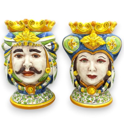 Teste di Moro Siciliane (coppia) h 28 cm ca. Caltagirone, Turbante e Corona, Blu / Bianco / Verde - 