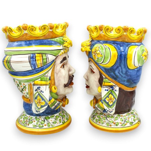 Sizilianische Maurenköpfe (Paar) ca. 28 cm hoch. Caltagirone, Turban und Krone, Blau / Weiß / Grün -  2