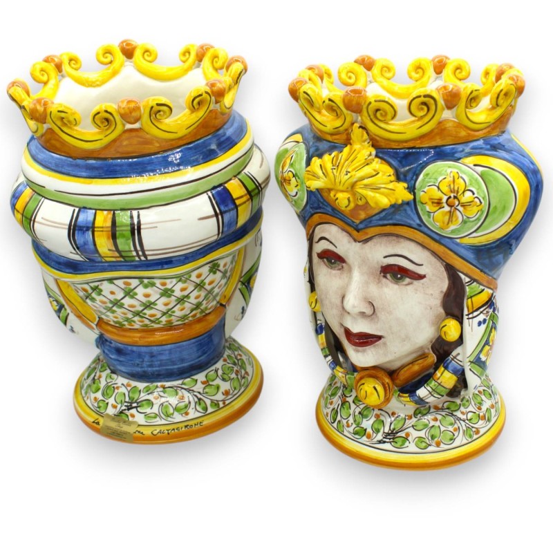 Teste di Moro Siciliane (coppia) h 28 cm ca. Caltagirone, Turbante e Corona, Blu / Bianco / Verde - 