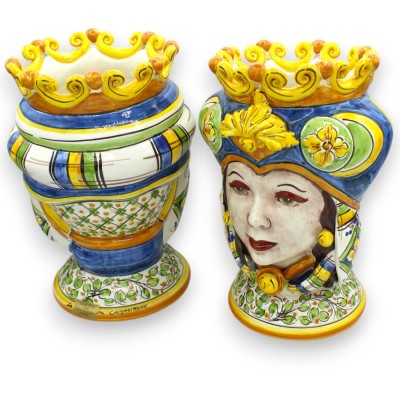 Głowy mauretańskie sycylijskie (para) ok. Wysokość 28 cm. Caltagirone, Turban i Korona, Niebieski / Biały / Zielony - 