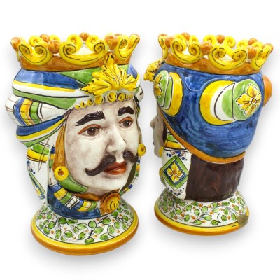Głowy mauretańskie sycylijskie (para) ok. Wysokość 28 cm. Caltagirone, Turban i Korona, Niebieski / Biały / Zielony - 