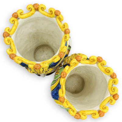 Teste di Moro Siciliane (coppia) h 28 cm ca. Caltagirone, Turbante e Corona, Blu / Bianco / Verde - 