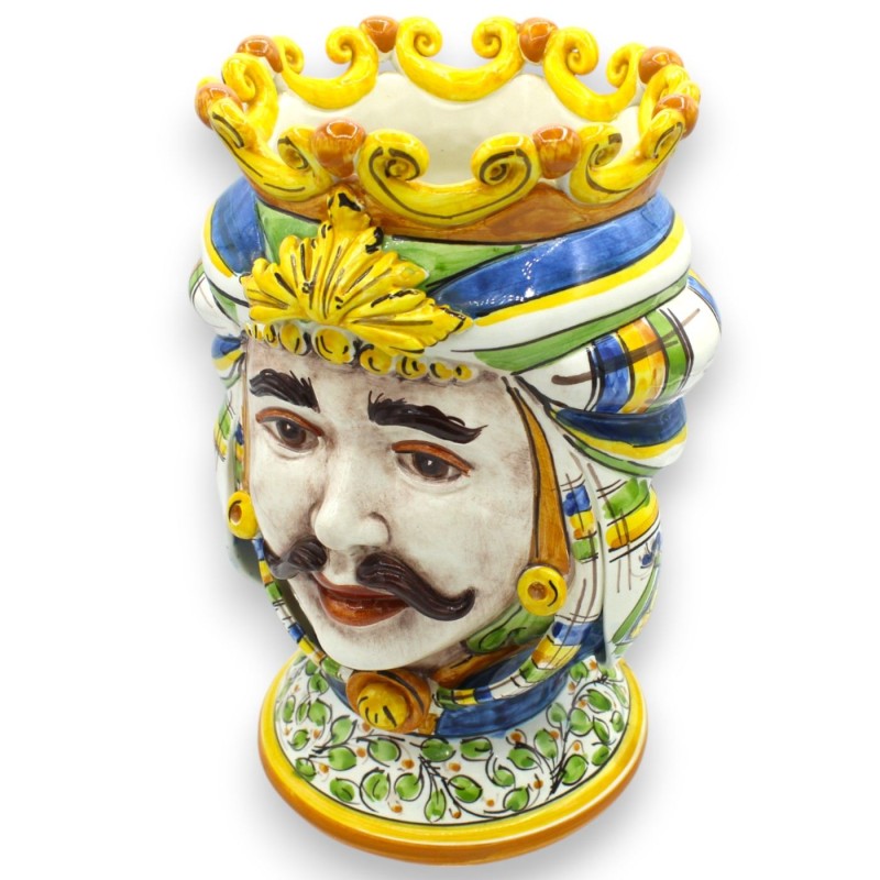 Głowy mauretańskie sycylijskie (para) ok. Wysokość 28 cm. Caltagirone, Turban i Korona, Niebieski / Biały / Zielony - 