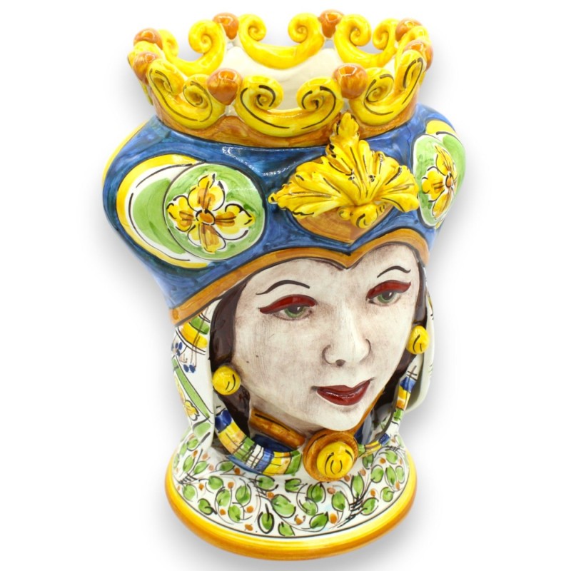 Głowy mauretańskie sycylijskie (para) ok. Wysokość 28 cm. Caltagirone, Turban i Korona, Niebieski / Biały / Zielony - 