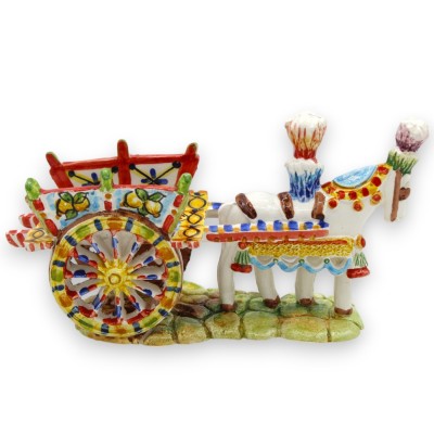 Carretto Siciliano con Cavallo, ceramica Caltagirone - h 10 x 18 cm ca. Decoro Carretto Siciliano e Trinacria - 