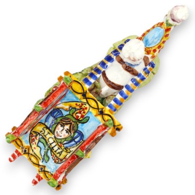 Carretto Siciliano con Cavallo, ceramica Caltagirone - h 10 x 18 cm ca. Decoro Carretto Siciliano e Trinacria - 