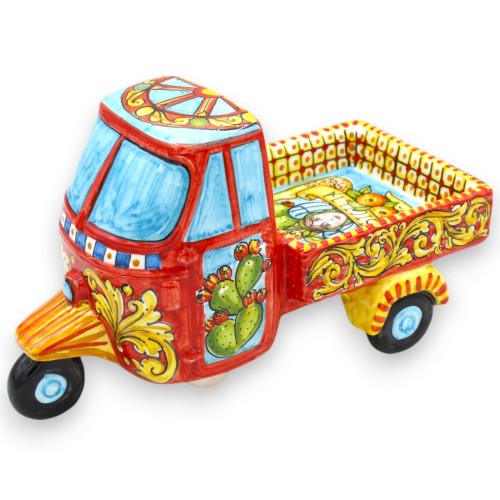 Caltagirone keramisch voertuig Aap motorfiets - L 28 x h 16 cm ca. Siciliaanse kar en Trinacria-decoratie - 