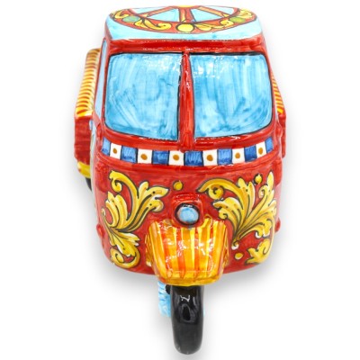 Caltagirone keramiskt fordon Ape motorcykel - L 28 x h 16 cm ca. Siciliansk vagn och Trinacria-dekoration - 