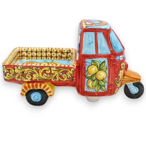 Caltagirone keramiskt fordon Ape motorcykel - L 28 x h 16 cm ca. Siciliansk vagn och Trinacria-dekoration -  2