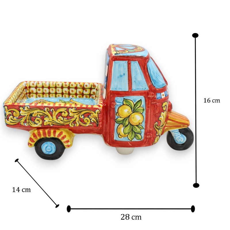 Caltagirone keramiskt fordon Ape motorcykel - L 28 x h 16 cm ca. Siciliansk vagn och Trinacria-dekoration - 