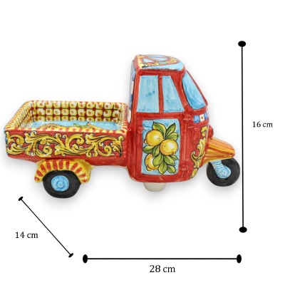 Caltagirone keramiskt fordon Ape motorcykel - L 28 x h 16 cm ca. Siciliansk vagn och Trinacria-dekoration - 