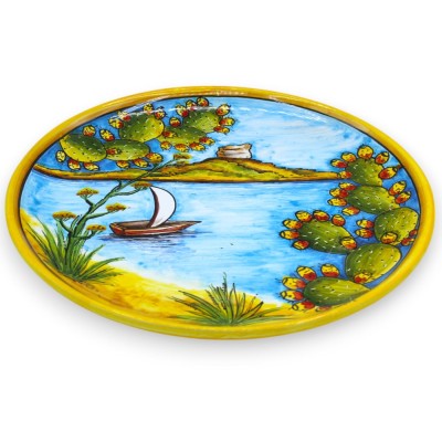 Ornamental plate in Caltagirone ceramic - Ø 30 cm approx. View of Isola delle Femmine, Capaci - 