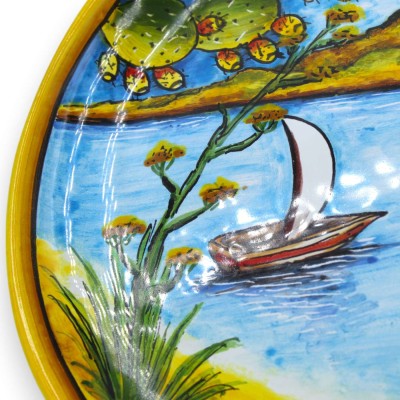 Ornamental plate in Caltagirone ceramic - Ø 30 cm approx. View of Isola delle Femmine, Capaci - 