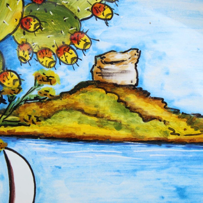 Ornamental plate in Caltagirone ceramic - Ø 30 cm approx. View of Isola delle Femmine, Capaci - 