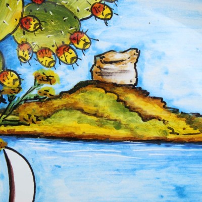 Ornamental plate in Caltagirone ceramic - Ø 30 cm approx. View of Isola delle Femmine, Capaci - 