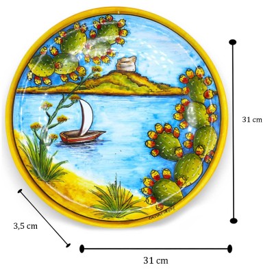 Ornamental plate in Caltagirone ceramic - Ø 30 cm approx. View of Isola delle Femmine, Capaci - 