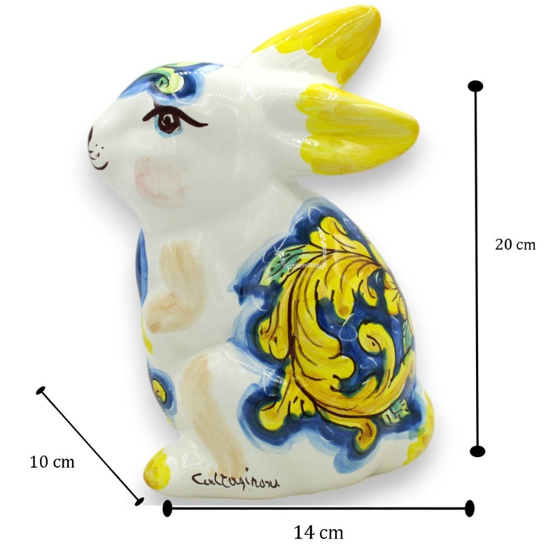 Large standing rabbit, Caltagirone ceramic, h 20 x 14 cm approx. Baroque decoration and yellow flower - 